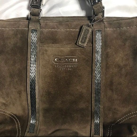 Coach Brown medium tote with silver beading EUC.